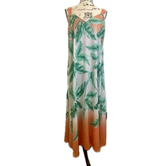 MAXI DRESS PALM LEAVES GREEN CORAL SZ XL BEACHY PREPPY FLOWY AESTHETIC TRENDY - Picture 1 of 16
